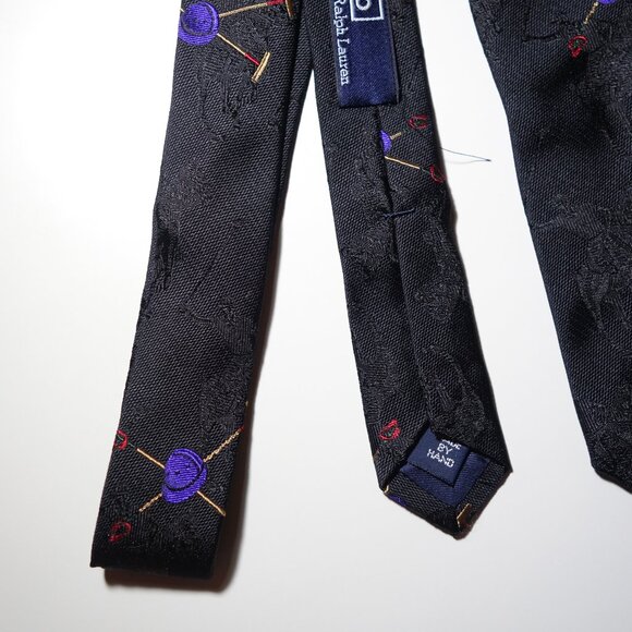 Vtg Ralph Lauren Embroidered Black On Black Equestrian Polo Player Tie Made Hand - Picture 7 of 11